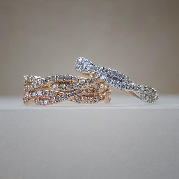 Tri-Colored Stackable Diamond Rings in White, Yellow, & Rose Gold