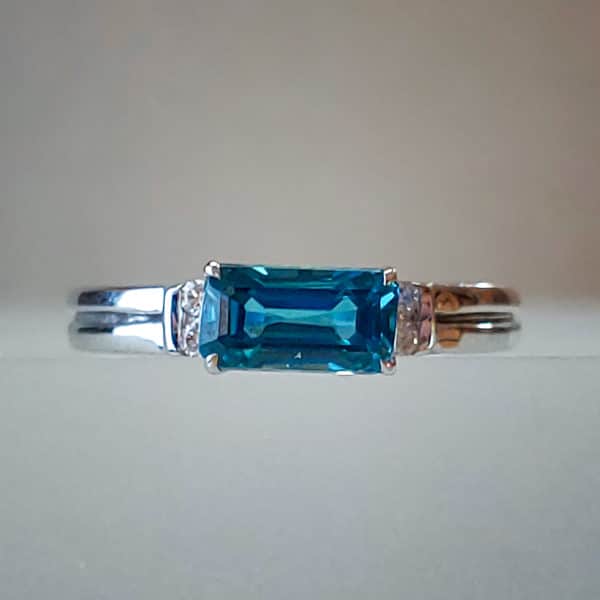 Emerald-Cut Blue Zircon Mother's Ring w Round Diamonds Accent